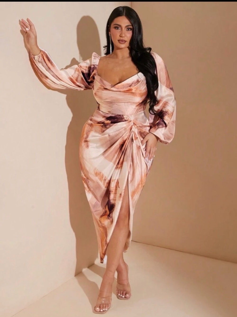 SHEIN Pink Marble-Print Draped Midi Dress